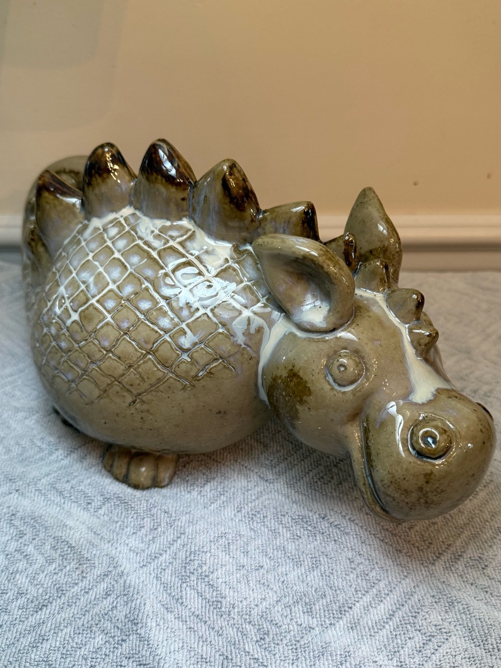 Glazed Ceramic Dragon Accent Figurine in Beige and Olive